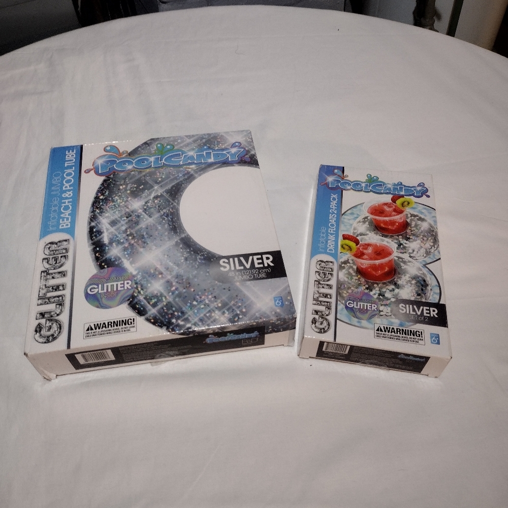 Pool Candy Set With Silver Jumbo Pool Tube and Silver Set Drink Floaties